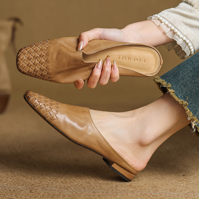 Women's Artisanal Woven Leather Slides - Sheepskin Summer Mules