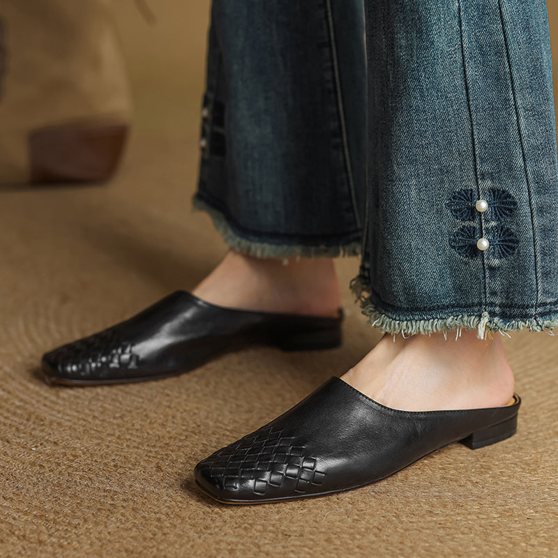 Women's Artisanal Woven Leather Slides - Sheepskin Summer Mules