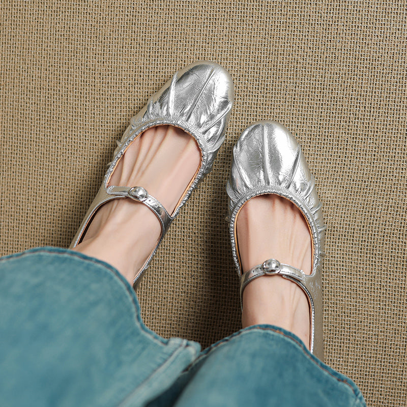 Women's Metallic Cowhide Mary Jane Shoes - Vintage Pleated Round Toe Block Heels