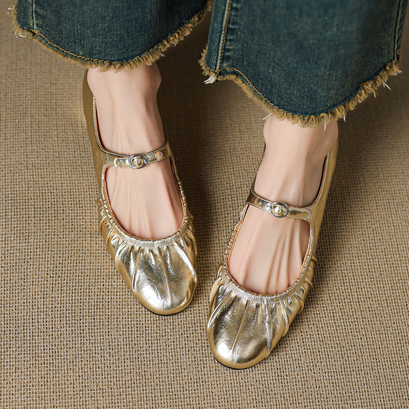 Women's Metallic Cowhide Mary Jane Shoes - Vintage Pleated Round Toe Block Heels