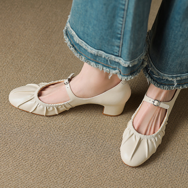 Women's Metallic Cowhide Mary Jane Shoes - Vintage Pleated Round Toe Block Heels