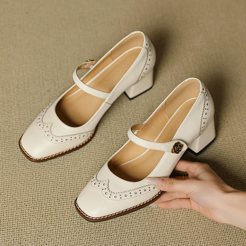 Women's Retro Cowhide Mary Jane Shoes Vintage Brogue Square Toe Chunky Heel Pumps