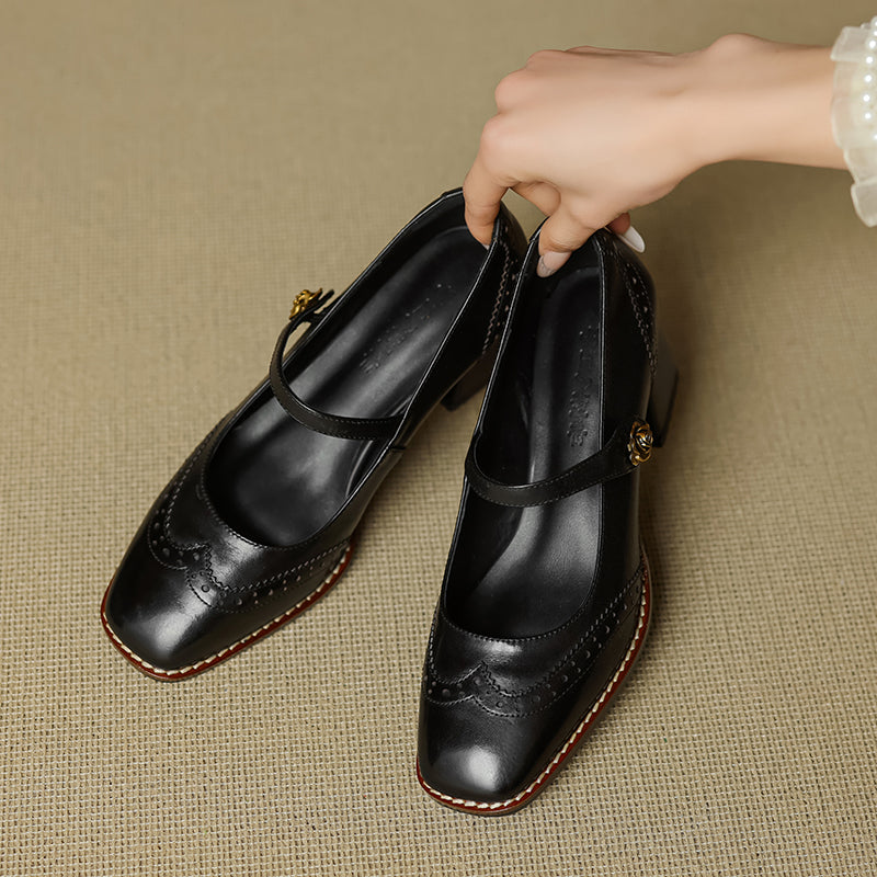 Women's Retro Cowhide Mary Jane Shoes Vintage Brogue Square Toe Chunky Heel Pumps