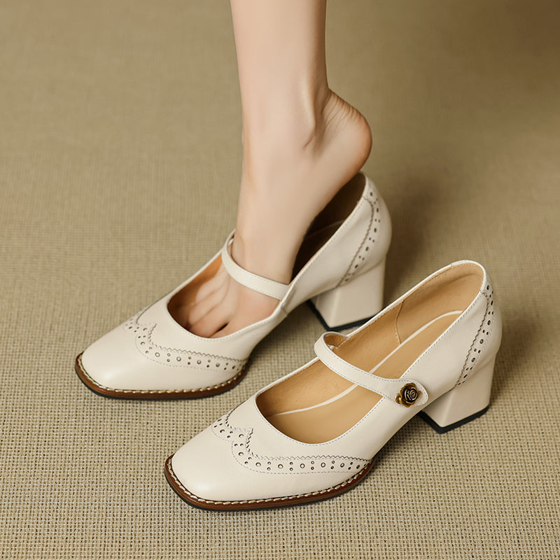 Women's Retro Cowhide Mary Jane Shoes Vintage Brogue Square Toe Chunky Heel Pumps