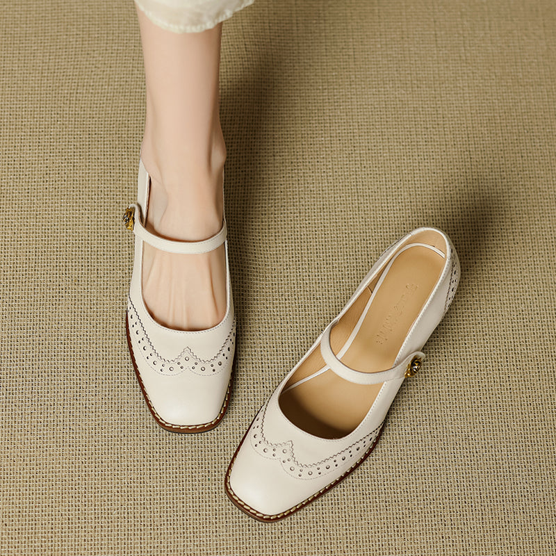 Women's Retro Cowhide Mary Jane Shoes Vintage Brogue Square Toe Chunky Heel Pumps