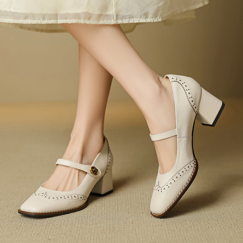 Women's Retro Cowhide Mary Jane Shoes Vintage Brogue Square Toe Chunky Heel Pumps