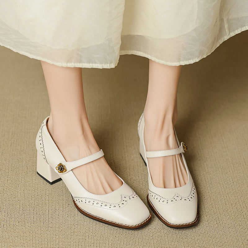 Women's Retro Cowhide Mary Jane Shoes Vintage Brogue Square Toe Chunky Heel Pumps