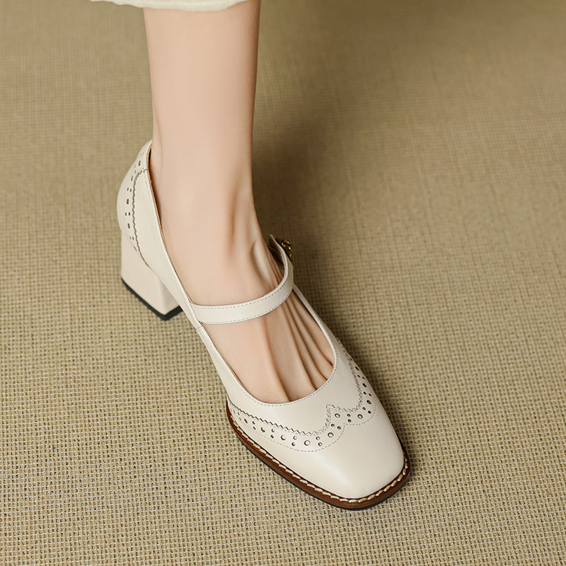 Women's Retro Cowhide Mary Jane Shoes Vintage Brogue Square Toe Chunky Heel Pumps