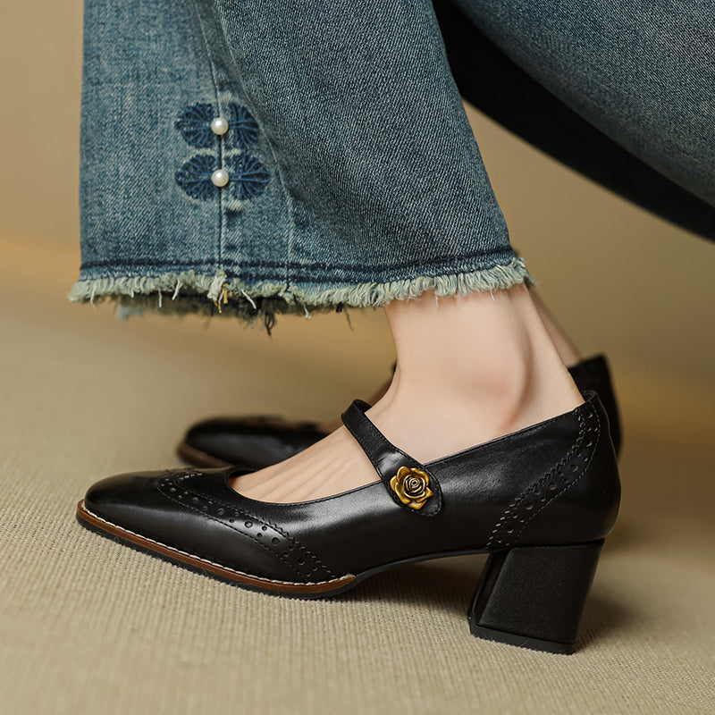 Women's Retro Cowhide Mary Jane Shoes Vintage Brogue Square Toe Chunky Heel Pumps