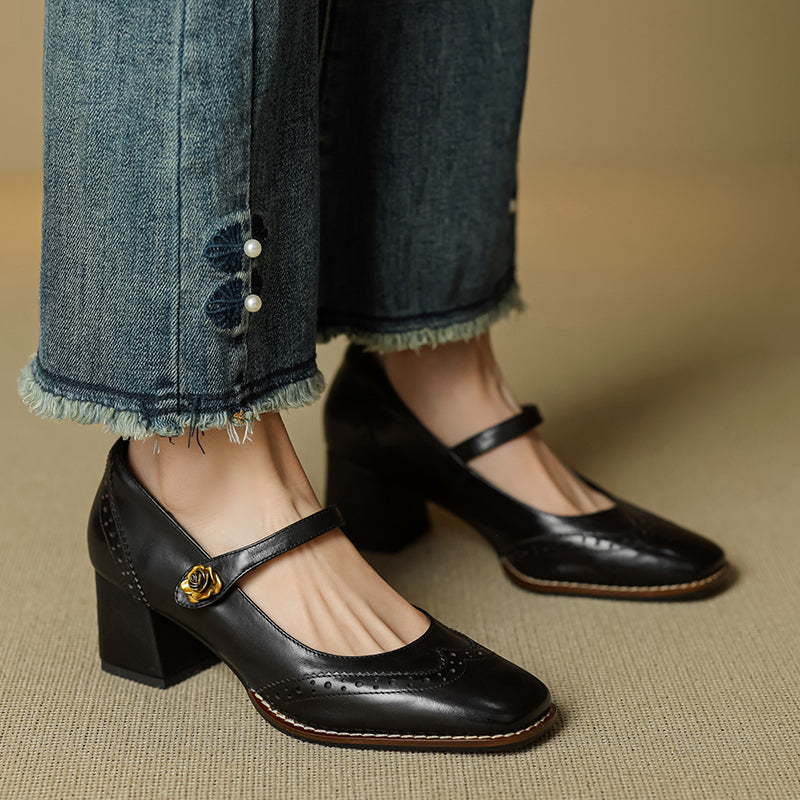 Women's Retro Cowhide Mary Jane Shoes Vintage Brogue Square Toe Chunky Heel Pumps