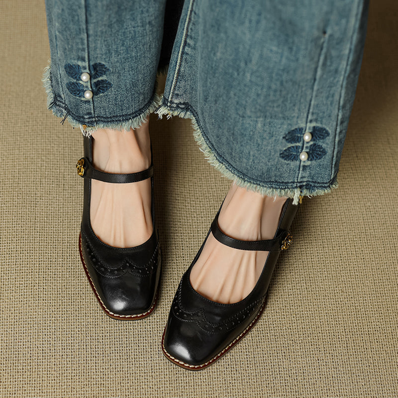 Women's Retro Cowhide Mary Jane Shoes Vintage Brogue Square Toe Chunky Heel Pumps