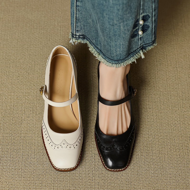Women's Retro Cowhide Mary Jane Shoes Vintage Brogue Square Toe Chunky Heel Pumps
