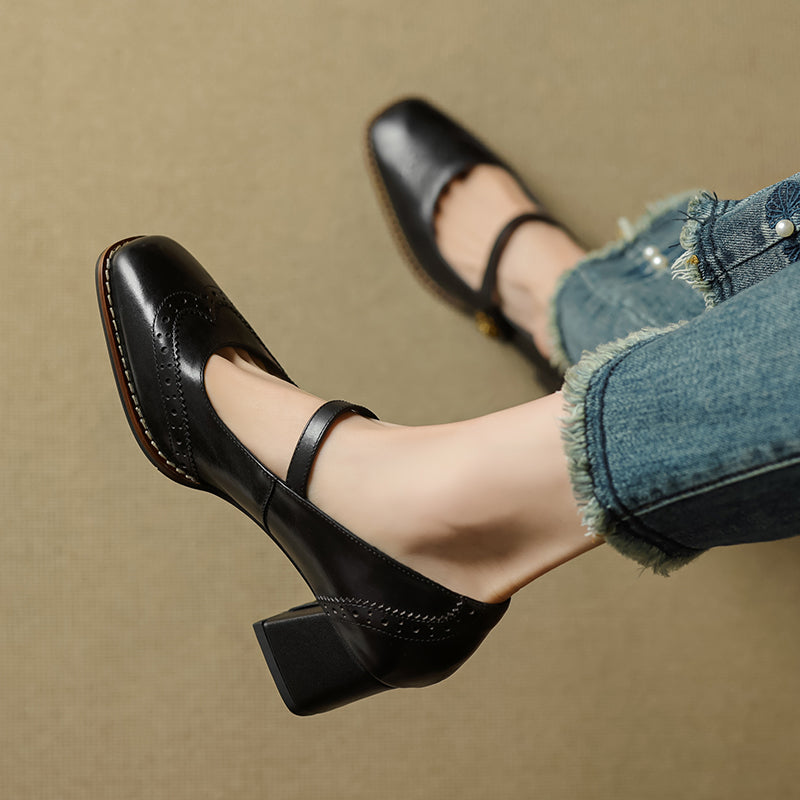 Women's Retro Cowhide Mary Jane Shoes Vintage Brogue Square Toe Chunky Heel Pumps