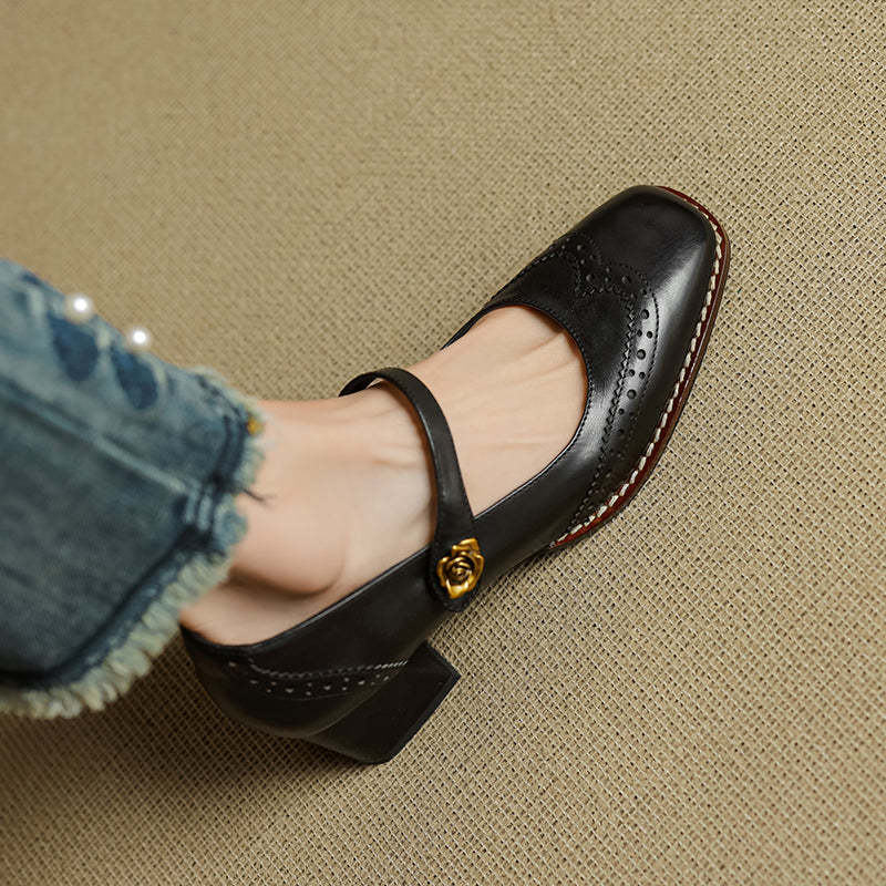 Women's Retro Cowhide Mary Jane Shoes Vintage Brogue Square Toe Chunky Heel Pumps