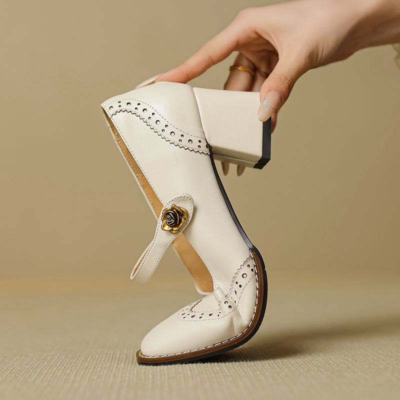 Women's Retro Cowhide Mary Jane Shoes Vintage Brogue Square Toe Chunky Heel Pumps