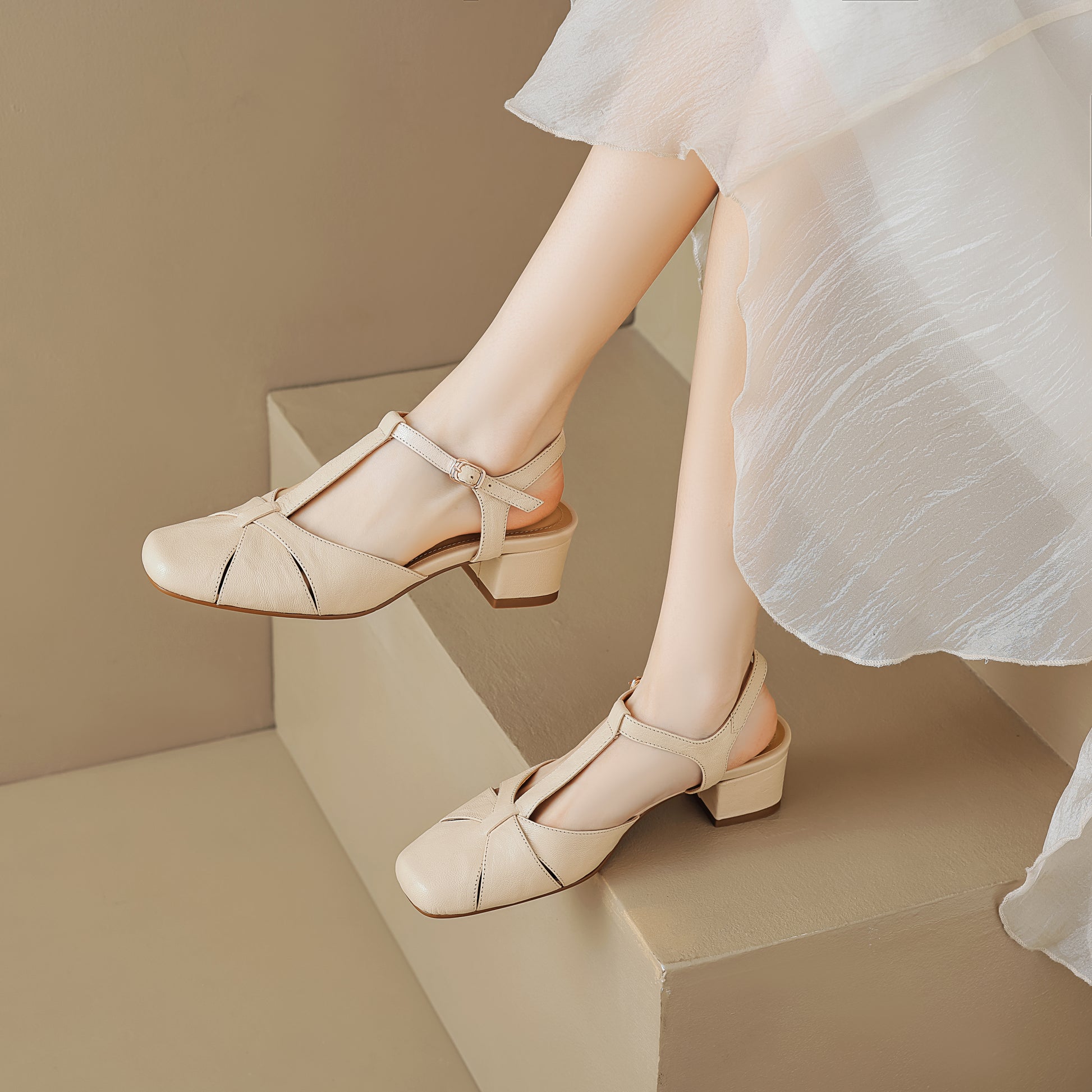 Women's Closed Toe Open Heel Retro T-Strap Buckle Chunky Sandals - RetroStep