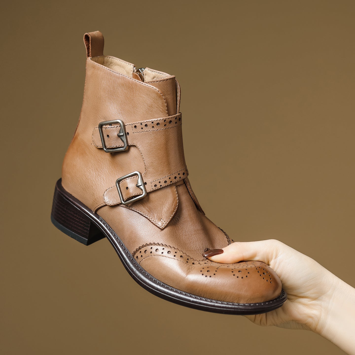 Women's Retro Cowhide Ankle Boots Vintage Brogue Round Toe Double Buckle Zipper Booties