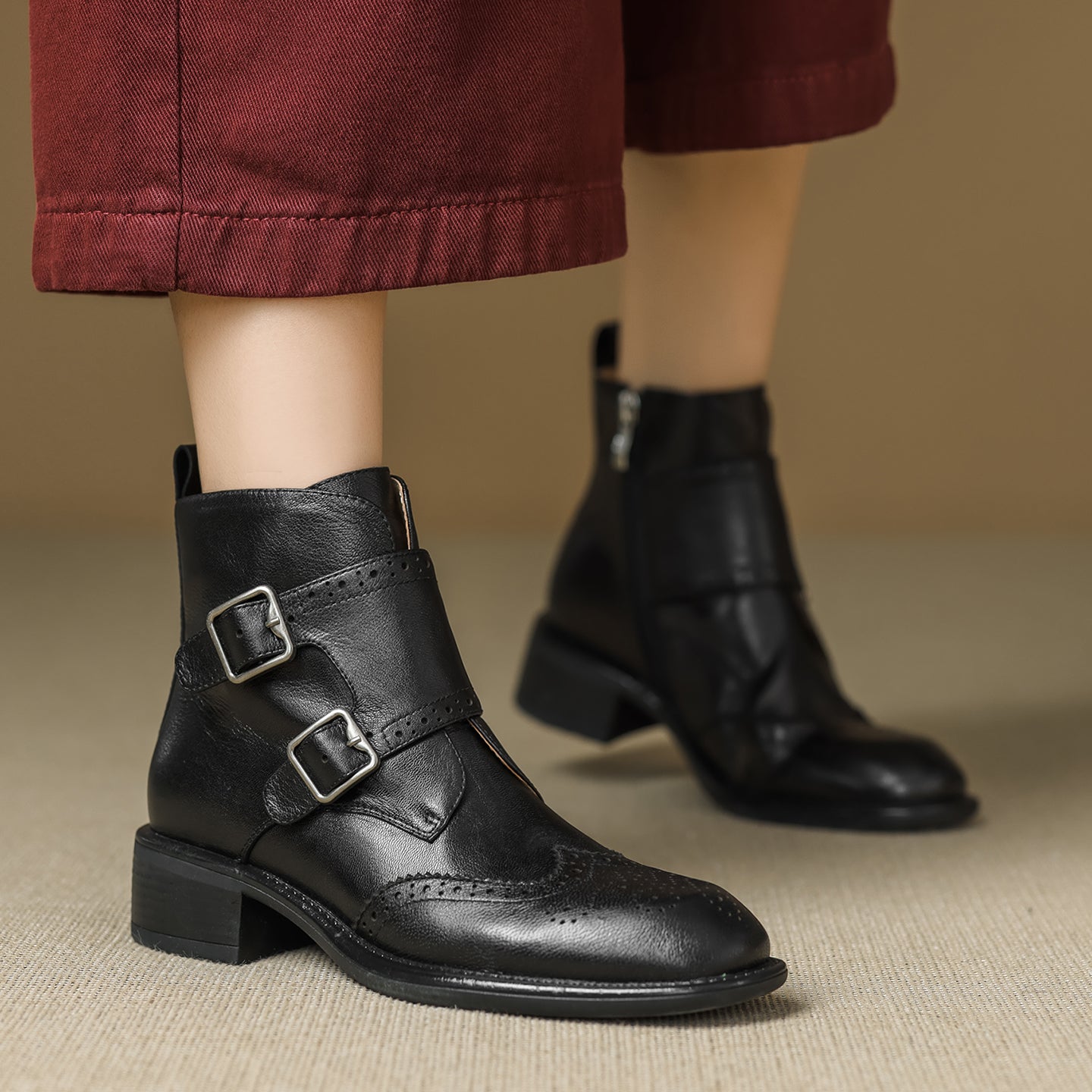 Women's Retro Cowhide Ankle Boots Vintage Brogue Round Toe Double Buckle Zipper Booties