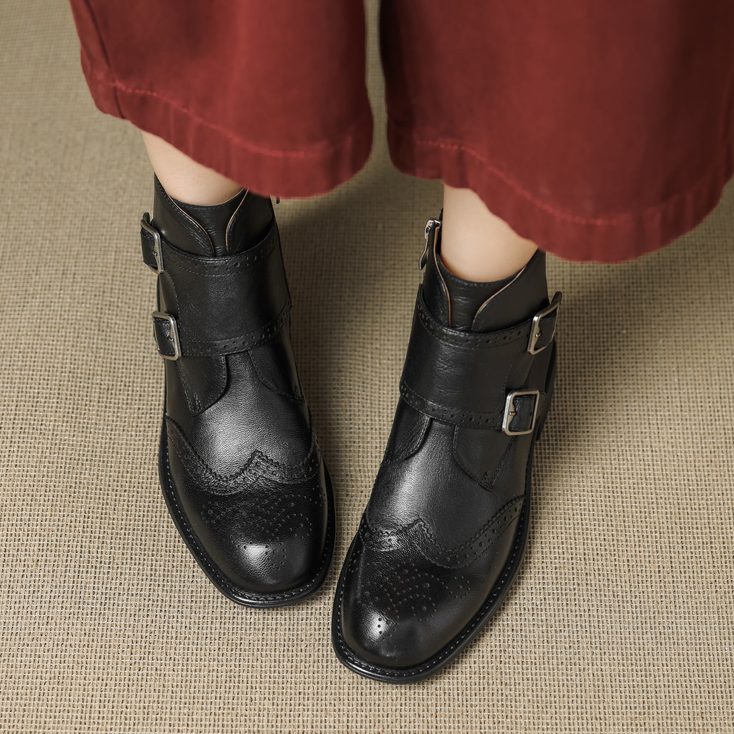 Women's Retro Cowhide Ankle Boots Vintage Brogue Round Toe Double Buckle Zipper Booties