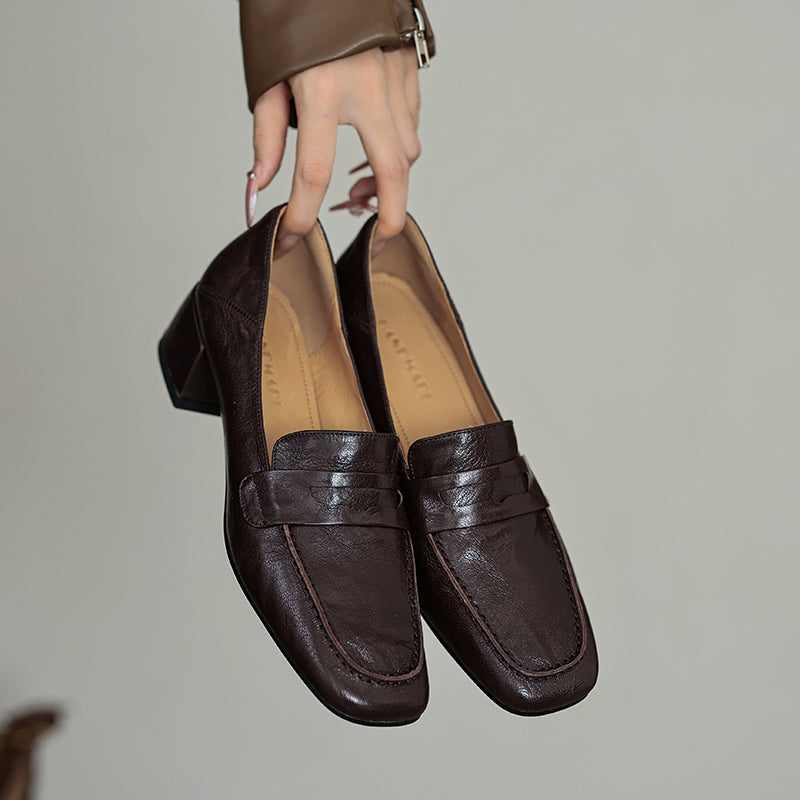 Handmade Sheepskin Loafers - Women's Square Toe Block Heel Slip-Ons Old Money Style