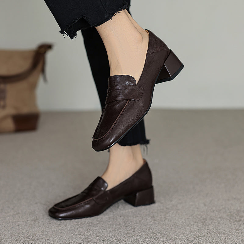 Handmade Sheepskin Loafers - Women's Square Toe Block Heel Slip-Ons Old Money Style