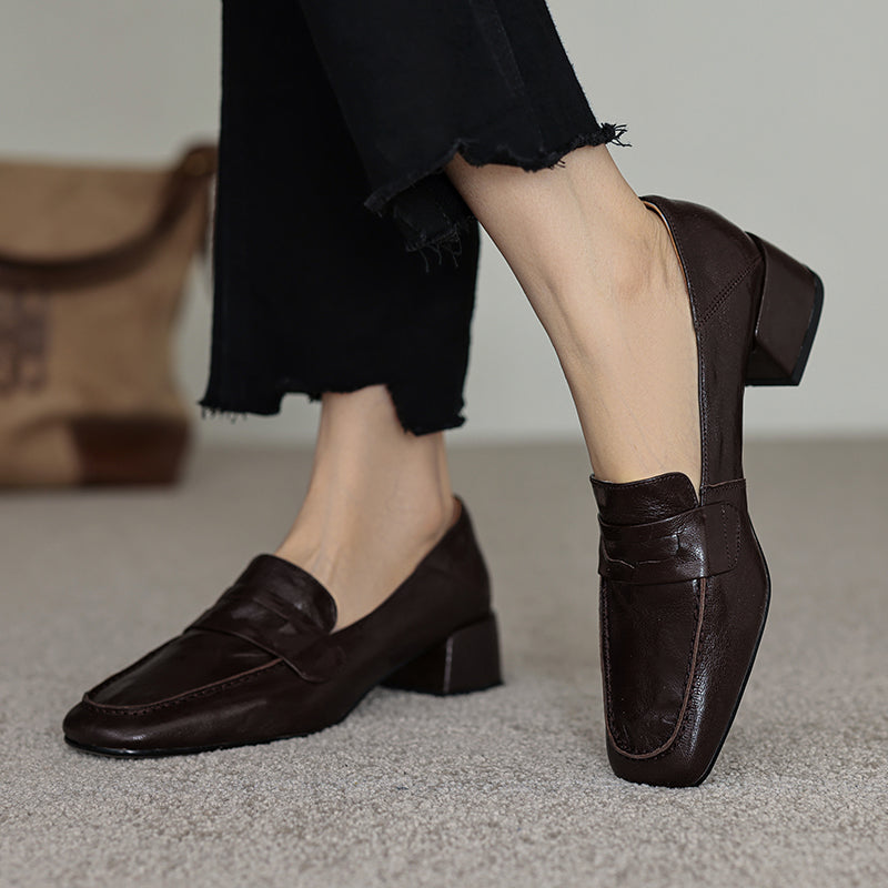 Handmade Sheepskin Loafers - Women's Square Toe Block Heel Slip-Ons Old Money Style