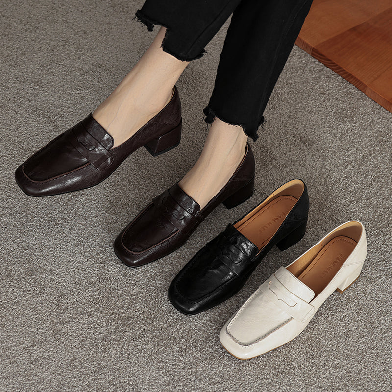 Handmade Sheepskin Loafers - Women's Square Toe Block Heel Slip-Ons Old Money Style