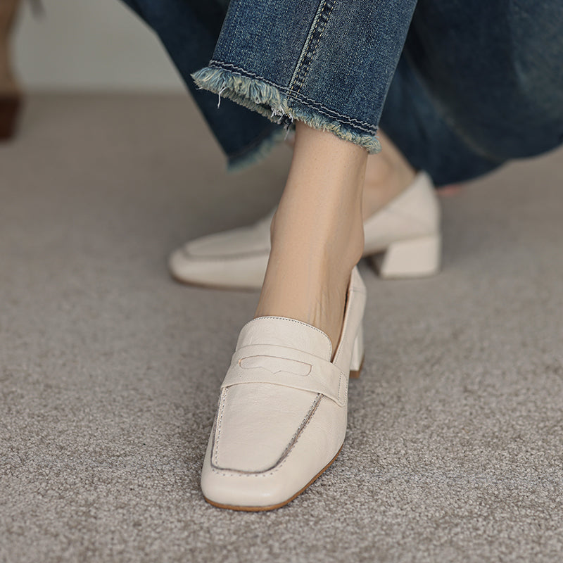 Handmade Sheepskin Loafers - Women's Square Toe Block Heel Slip-Ons Old Money Style