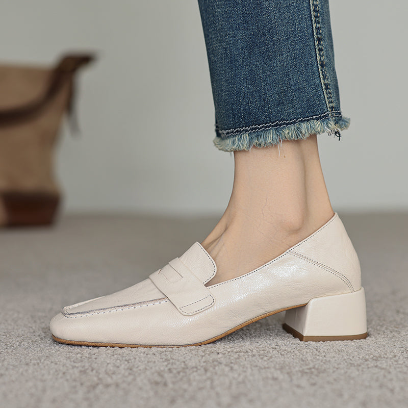 Handmade Sheepskin Loafers - Women's Square Toe Block Heel Slip-Ons Old Money Style