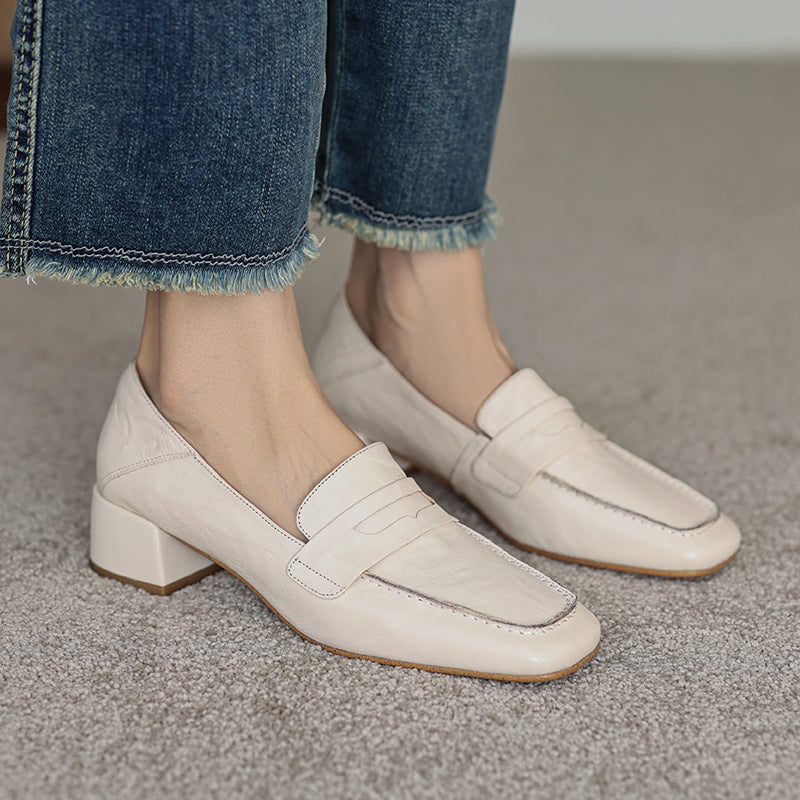Handmade Sheepskin Loafers - Women's Square Toe Block Heel Slip-Ons Old Money Style