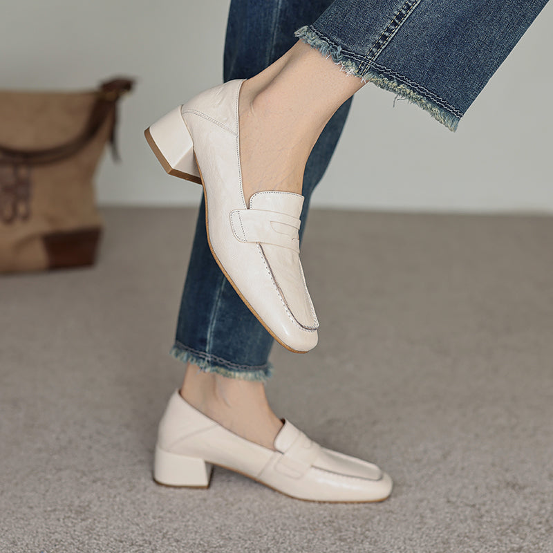 Handmade Sheepskin Loafers - Women's Square Toe Block Heel Slip-Ons Old Money Style