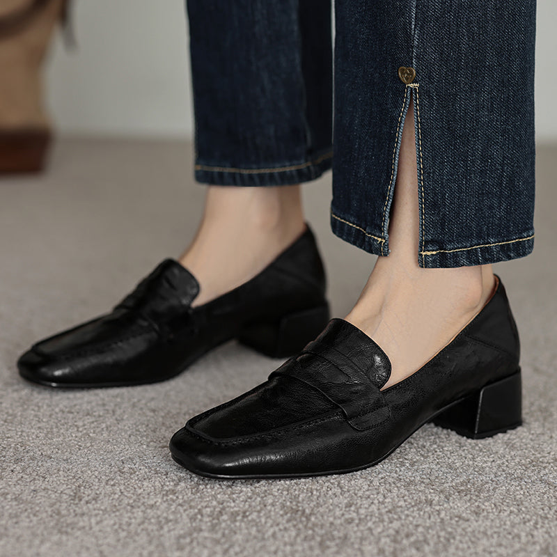 Handmade Sheepskin Loafers - Women's Square Toe Block Heel Slip-Ons Old Money Style