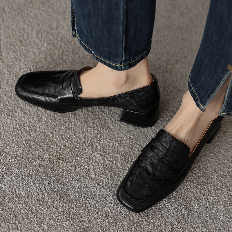 Handmade Sheepskin Loafers - Women's Square Toe Block Heel Slip-Ons Old Money Style