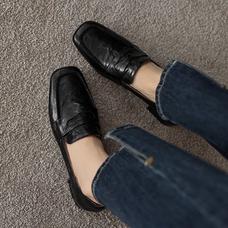 Handmade Sheepskin Loafers - Women's Square Toe Block Heel Slip-Ons Old Money Style