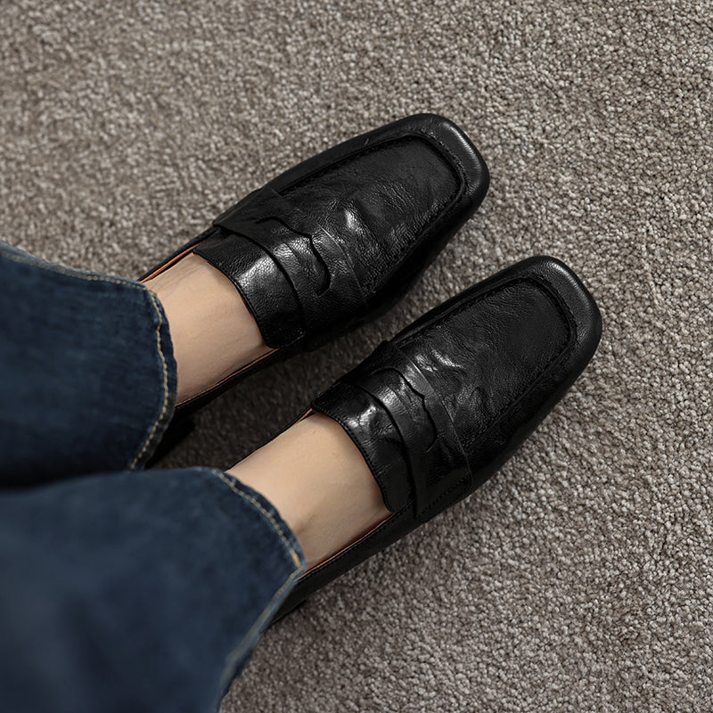 Handmade Sheepskin Loafers - Women's Square Toe Block Heel Slip-Ons Old Money Style