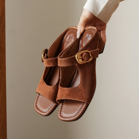 Women's Genuine Leather Casual Mules Open Toe Block Heels Comfort Slide Sandals