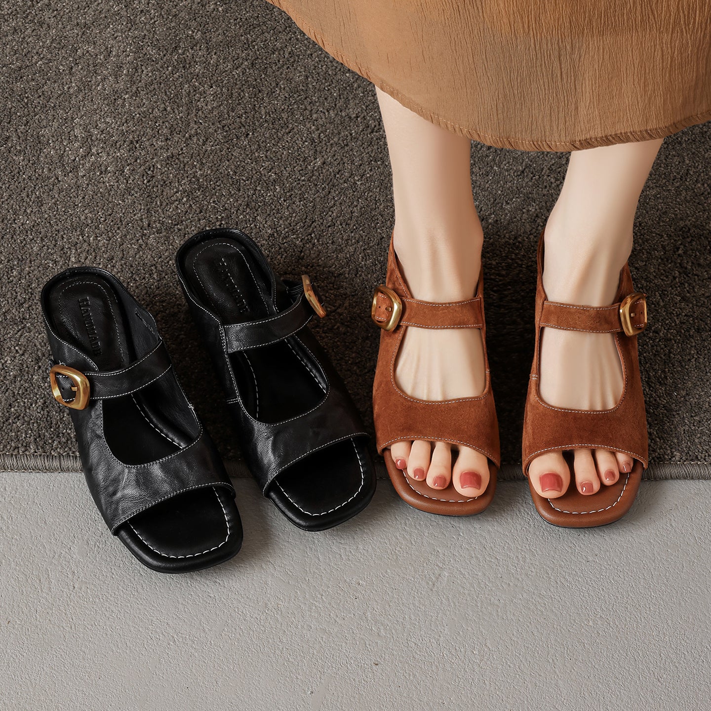 Women's Genuine Leather Casual Mules Open Toe Block Heels Comfort Slide Sandals