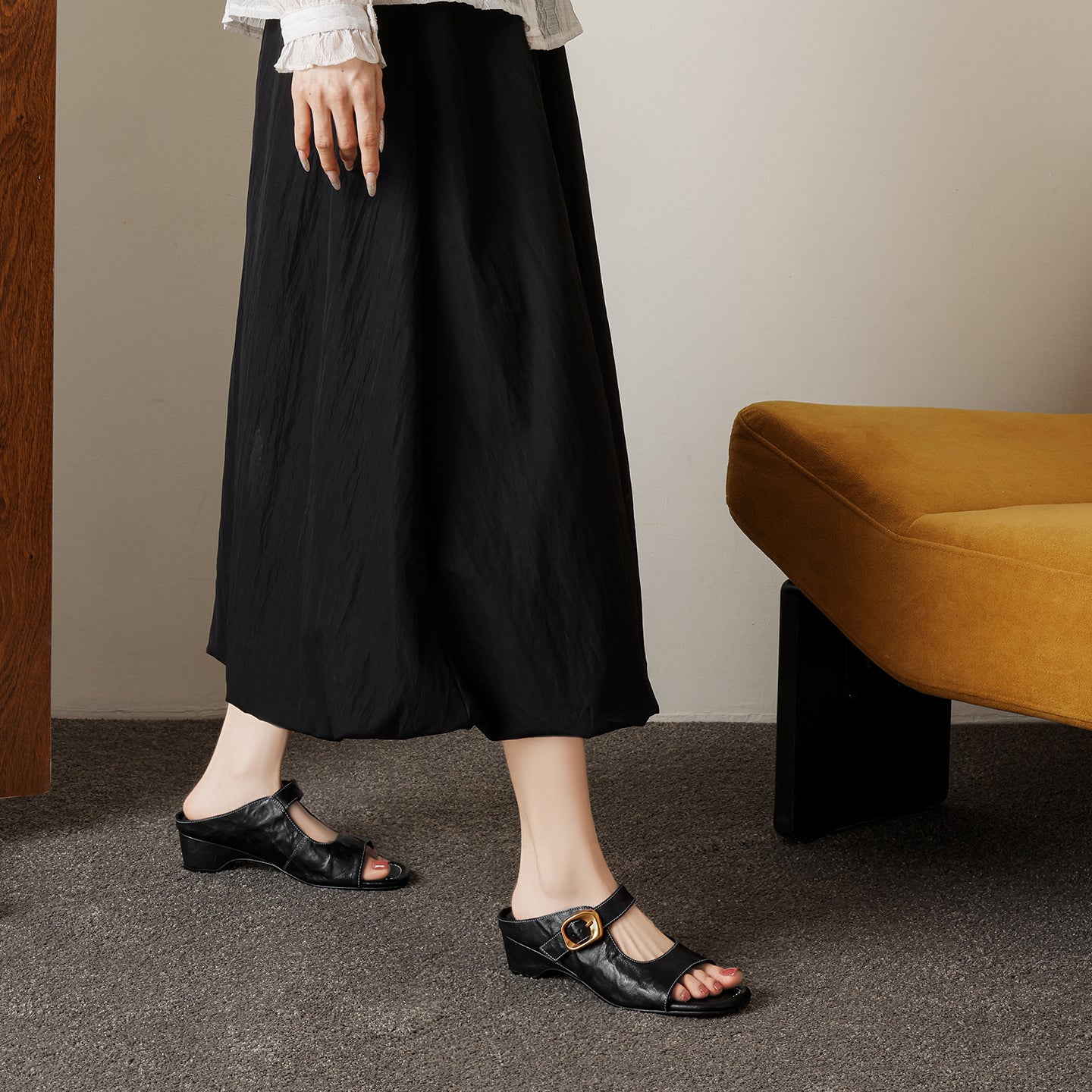Women's Genuine Leather Casual Mules Open Toe Block Heels Comfort Slide Sandals