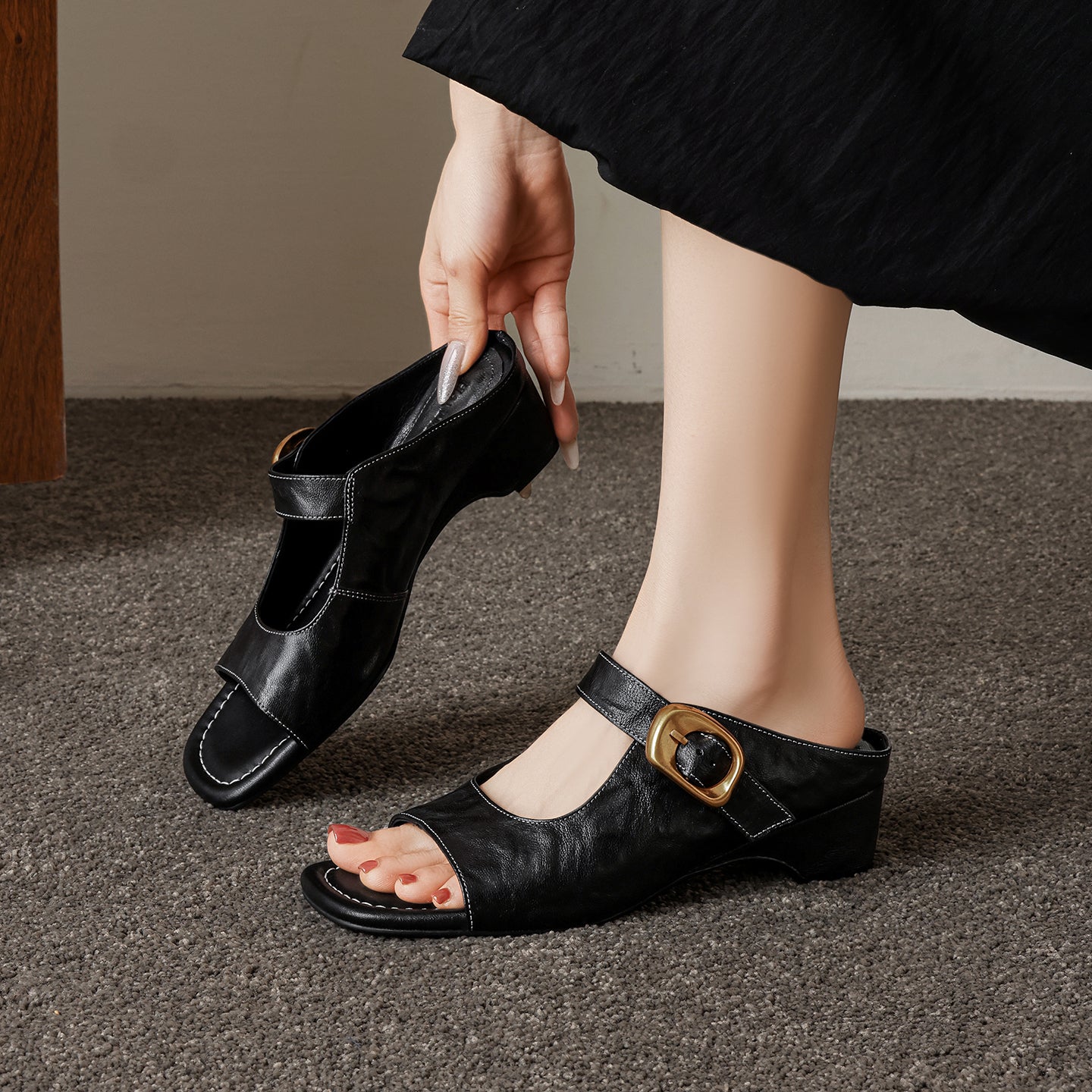Women's Genuine Leather Casual Mules Open Toe Block Heels Comfort Slide Sandals