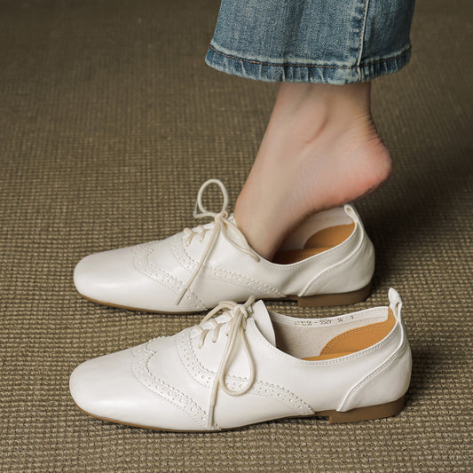 Women's Retro Leather Brogue Shoes Vintage Square Toe Lace-up Oxford Flats