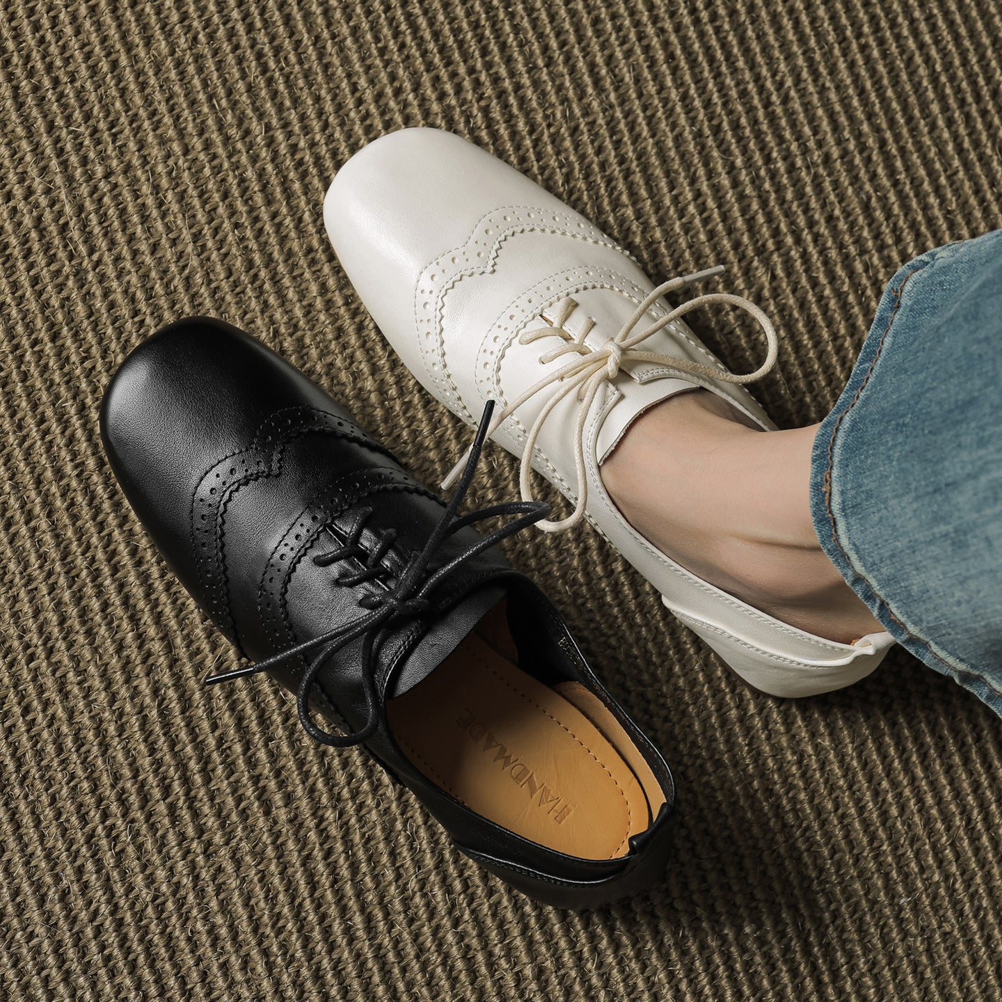 Women's Retro Leather Brogue Shoes Vintage Square Toe Lace-up Oxford Flats
