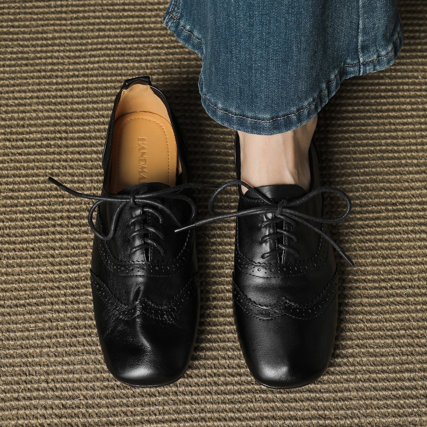 Women's Retro Leather Brogue Shoes Vintage Square Toe Lace-up Oxford Flats