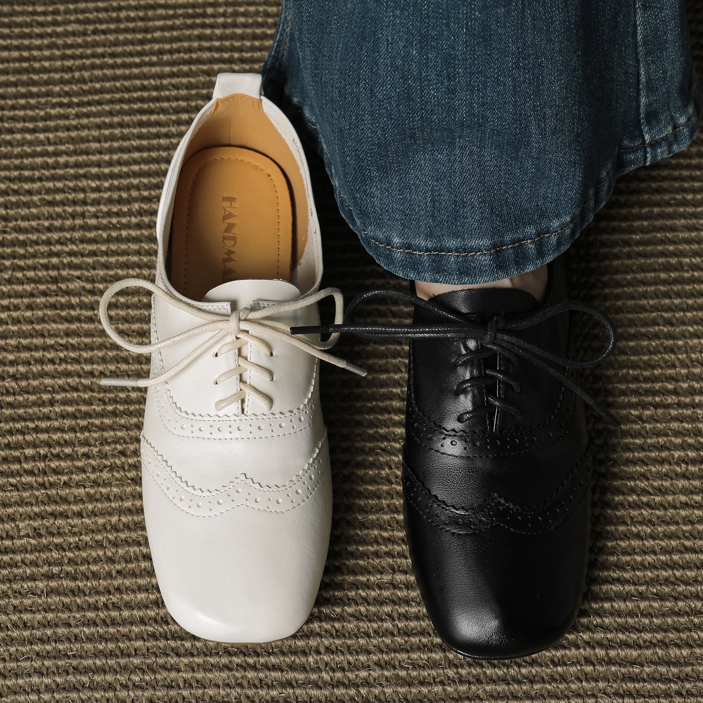 Women's Retro Leather Brogue Shoes Vintage Square Toe Lace-up Oxford Flats
