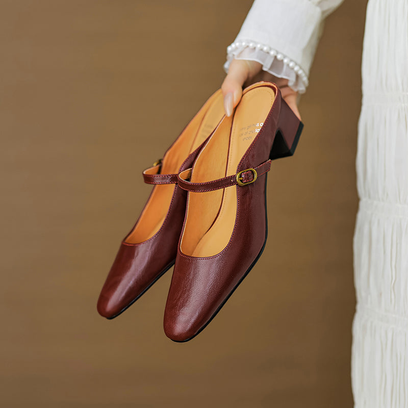 Handmade Sheepskin Mary Jane Mules - Women's Leather Block Heel Closed Toe Slides