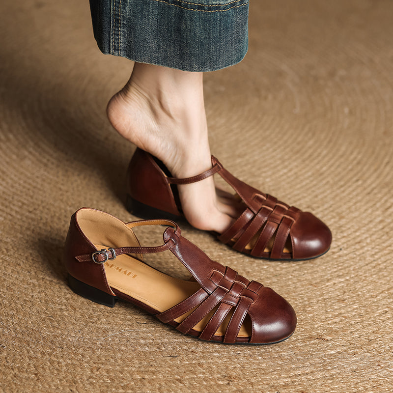 Womens Handmade Retro Woven Leather Fisherman Sandals Vintage T-Strap Mary Jane Flats