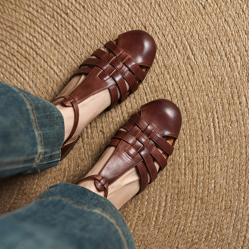 Womens Handmade Retro Woven Leather Fisherman Sandals Vintage T-Strap Mary Jane Flats