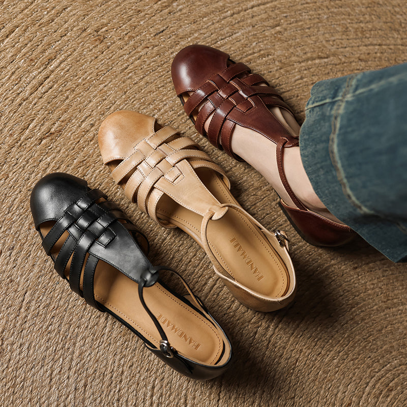 Womens Handmade Retro Woven Leather Fisherman Sandals Vintage T-Strap Mary Jane Flats