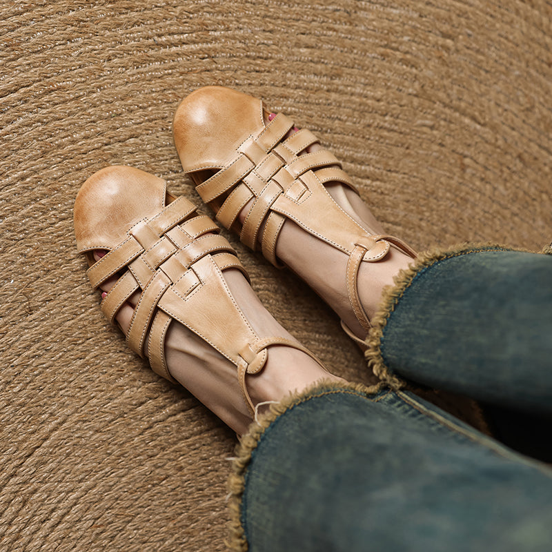 Womens Handmade Retro Woven Leather Fisherman Sandals Vintage T-Strap Mary Jane Flats