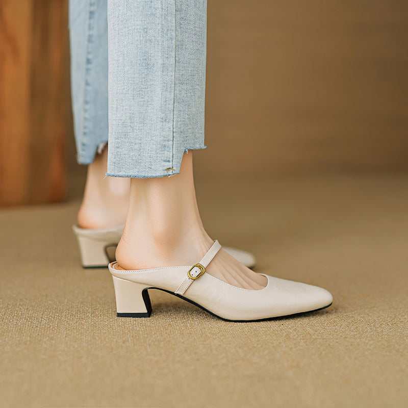 Handmade Sheepskin Mary Jane Mules - Women's Leather Block Heel Closed Toe Slides