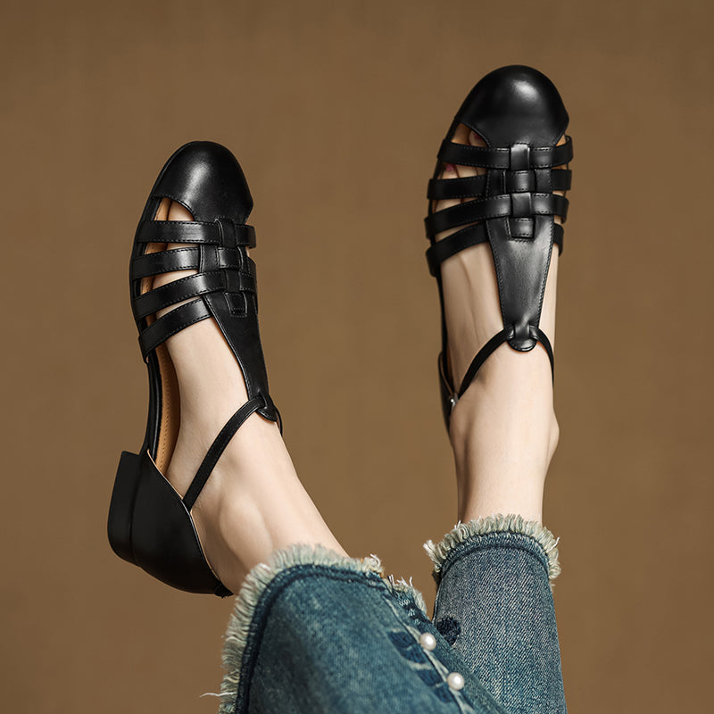 Womens Handmade Retro Woven Leather Fisherman Sandals Vintage T-Strap Mary Jane Flats